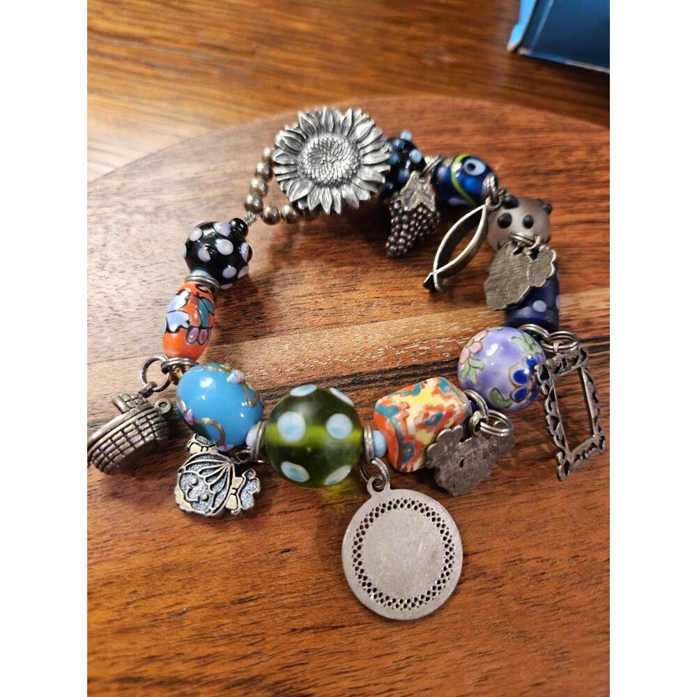 Vintage Danforth 1992 925 Sterling Silver Charms, Glass & Ceramic Moms Bracelet